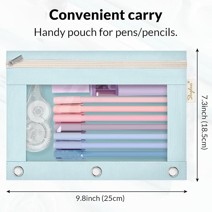 SKYDUE Pencil Pouch for 3 Ring Binder, 9.8" x 7.3" Clear Window Pencil Bag | Zipper Pencil Pouches for Girls Boys, Pencil Pouch with 3 Reinforced Grommets, Durable Organizer for School Supplies