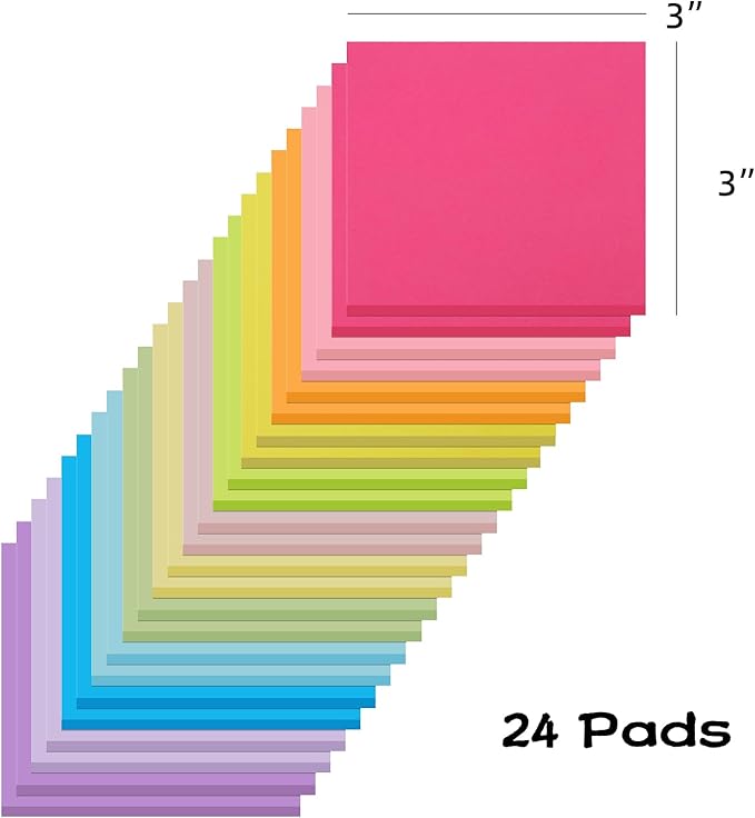 (24 Pads) Sticky Notes 3x3 Inches,Bright Colors Self-Stick Pads, Easy to Post for Home, Office, Notebook