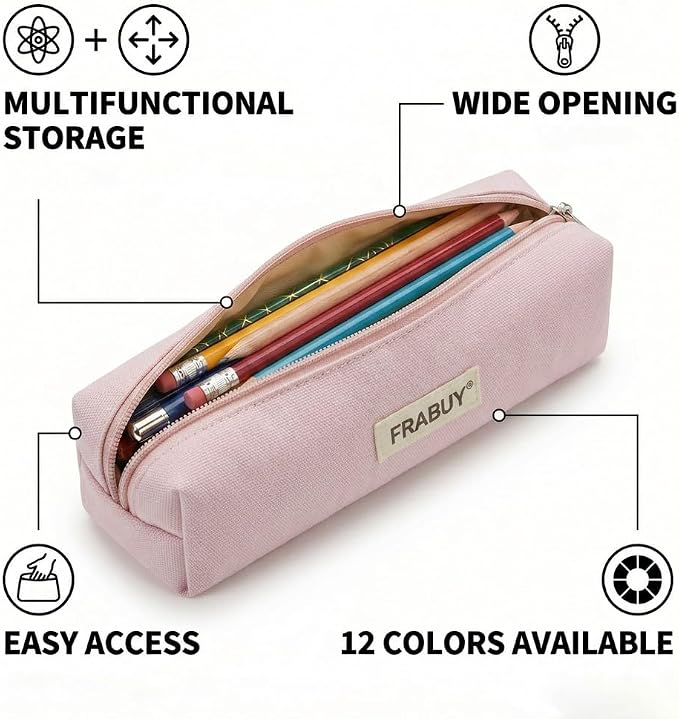 Canvas Pencil Case Pouch – Multipurpose Pen Bag Stationery Pink | Heavy-duty canvas, smooth alloy zipper, cute organizer for girls and boys, ideal for stationery, cosmetics, tech gear