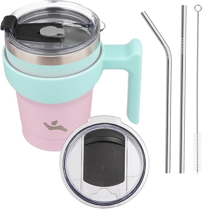 Konokyo 10 oz Tumbler with Handle and 2 Straw 2 Lid, Insulated Water Bottle Stainless Steel Vacuum Cup Reusable Travel Mug,Gum