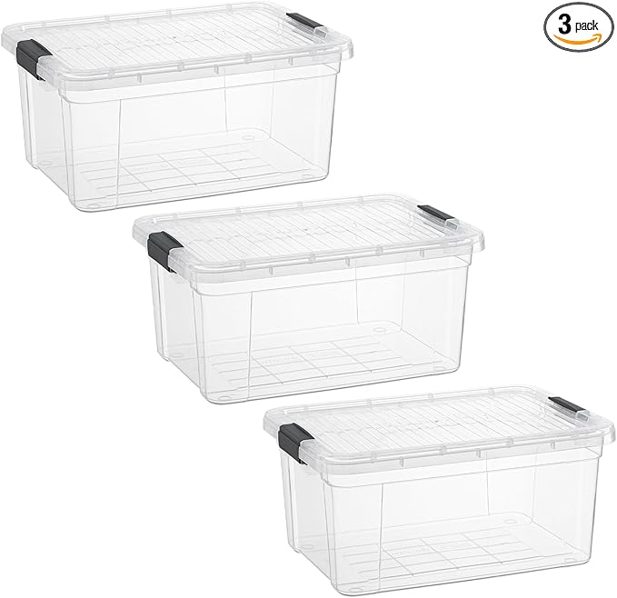 Superio Small Clear Storage Boxes with Lids, 11 Quart Plastic Container Bins for Organizing, Stackable Crates, BPA Free, Non Toxic, Odor Free, Organizers for Home, Office and Dorm, 3 Pack