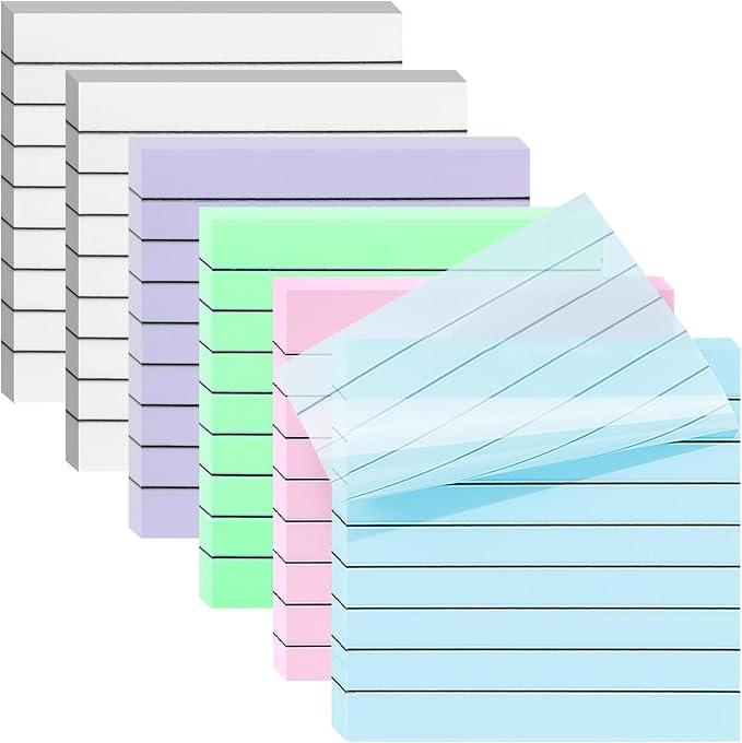 SYMDROMIA 6 Pads Lined Transparent Sticky Notes, 3"x3" 6 Soft Color Clear Translucent See Through Sticky Notes with Lines for Office School Planner Supplies Aesthetic Bible Annotation Markers Tabs