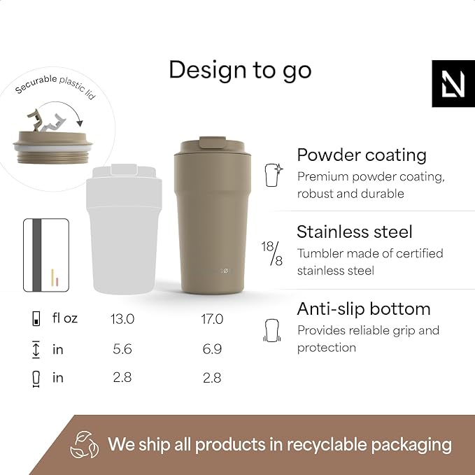 LARS NYSØM Thermo Coffee Mug to go 17oz | Travel Mug 0.5 Liter with Insulation | Silicone grip base | Leak Proof Stainless Steel Tumbler for Coffee and Tea on the Go (Powder Taupe Brown, 17oz)