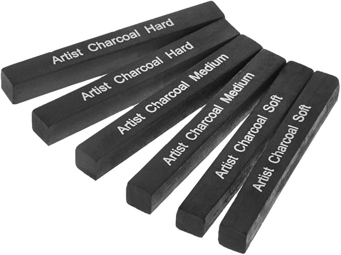 Artist Compressed Charcoal Sticks for Sketching, Drawing, Shading, Soft, Medium, Hard, Art Supplies Sketch Kits Tools, 6-Piece Boxed