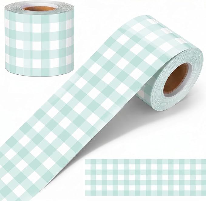 65.6 Ft Green Gingham Bulletin Board Border Die Cut Straight Border Trim Plaid Checkered Classrooms Decor for Whiteboard Wall Desk Window Door Locker Office School Party