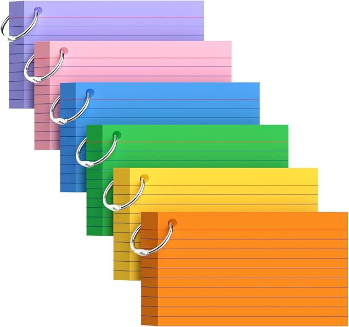 Colored Index Cards with Ring, 300 Count Punched NoteCards 3x5 Lined, 6 Colors Flash Cards with Rings, Bright Colors Index Cards 3x5, Lined Note Cards 3 x 5 for Office, College, and School Supplies
