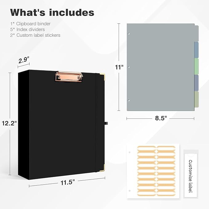 Ospelelf 3 Ring Binder, 2 Inch, Cute Letter Size (11" x 8.5") with 5 Tab Dividers, File Folder Labels and Low Profile Clipboards, Black for School and Office Supplies