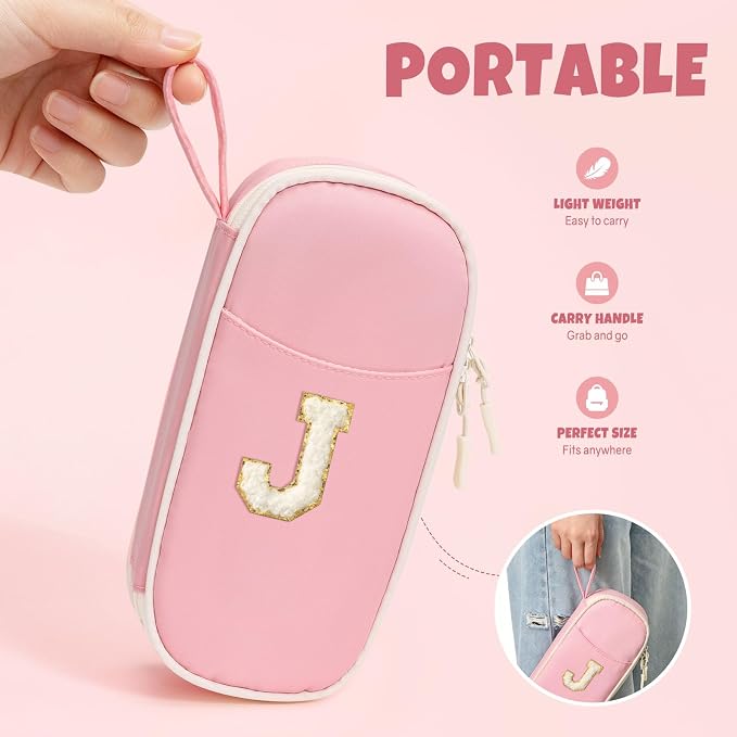 SUNEE Cute Pencil Case, Kawaii Big Capacity Pencil Pouch, Personalized Initial Pencil Bag with Zipper, Stationery Storage and Organizer, Back to School Supplies, Pen Box for Girls & Boys, Teen, J-Pink
