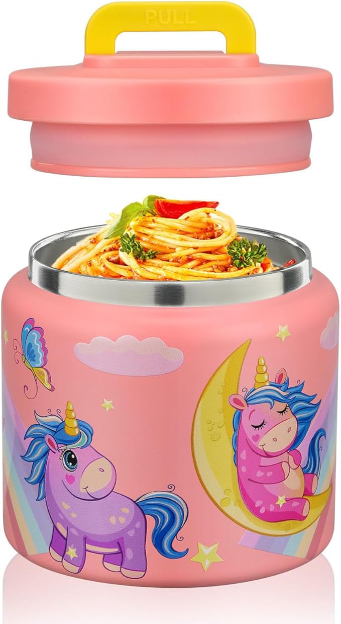 JXXM 13.5 Oz Thermo Food Jar for Hot & Cold Food for Kids, Insulated Lunch Containers Hot Food Jar,Leak-Proof Vacuum Stainless Steel Wide Mouth Lunch Soup Thermo for School (Rainbow Unicorn)