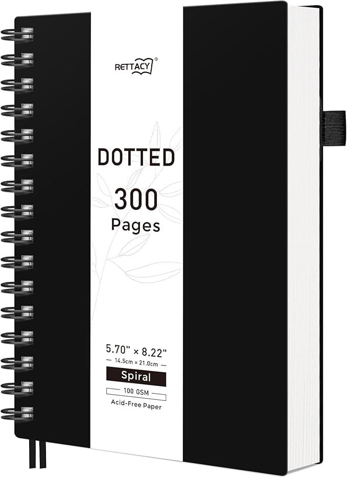 RETTACY Dotted Journal Notebook, 300 Pages, A4 Large Size (8.2'' × 11.2''), 100 GSM Thick Paper, Flexible Plastic Cover, Spiral-bound, for Journaling, Planning, Tracking (Black)