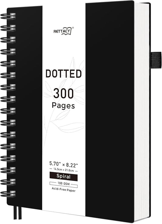 RETTACY Dotted Journal Notebook, 300 Pages, A4 Large Size (8.2'' × 11.2''), 100 GSM Thick Paper, Flexible Plastic Cover, Spiral-bound, for Journaling, Planning, Tracking (Black)