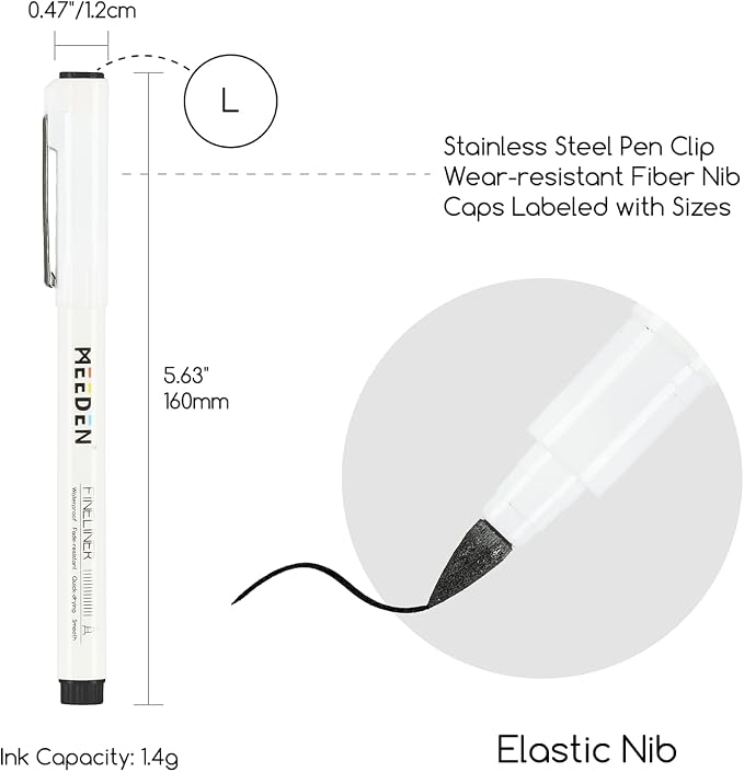 MEEDEN Micro Fineliner Drawing Pens: 0.8-3mm L Nib, 6 Pack, Black Ink