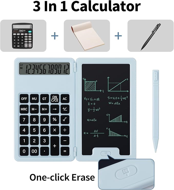 Desk Portable Basic Calculator, Small Mini Calculators with Writing Notepad and Stylus, More Lightweight and Portable, 12 Digit Large Display Multi-Function for Office, School, Home & Financial (Blue)