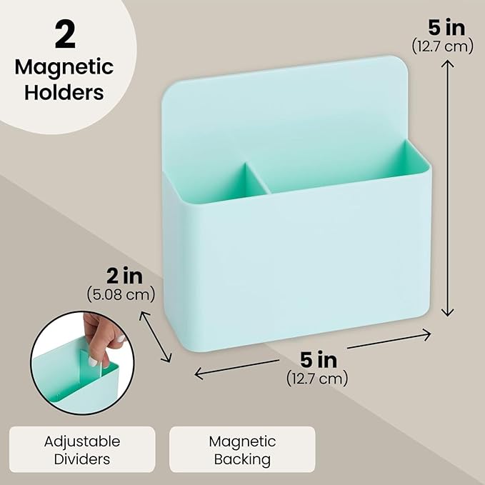 Okuna Outpost Locker Accessories Magnetic Dry Erase Marker & Pencil Holder - 5 x 5 x 2 in, Pastel Mint, 2-Pack - Magnetic Locker Organizer for Whiteboards, Refrigerators & Office Decor