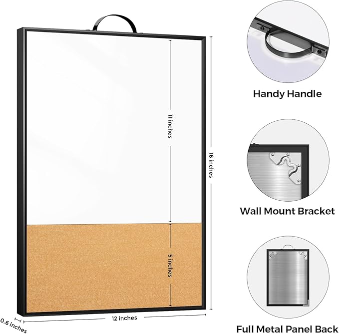 Small White Board Cork Board Combo, 16"x12" Black Aluminum Frame with Handle for Wall Hanging, Dry Erase Magnetic Whiteboard with Cork for Office Home School, Includes Markers Pins Magnets