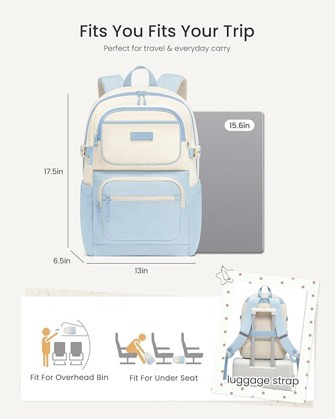 LOVEVOOK School Backpack for Teen Girls & College Students, Large Capacity Laptop Backpack with Water Bottle Holder, Lightweight Bookbag for School, Travel & Everyday Use, Beige-Light Blue