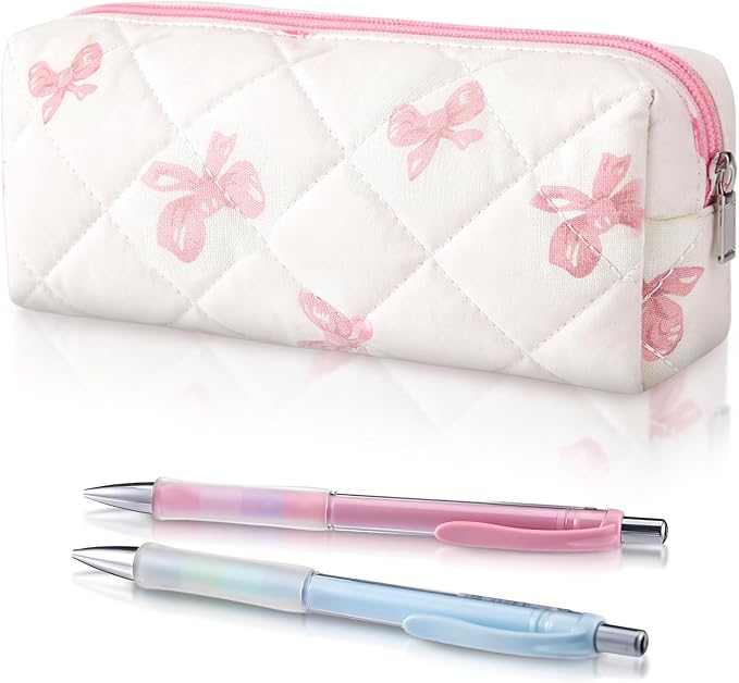 Sherr Coquette Bow Pencil Case Pink Bow Cute Pencil Pouch Soft Cotton Storage Bag Aesthetic Pattern Gift Makeup Pouch Cosmetic Travel Bag for Women