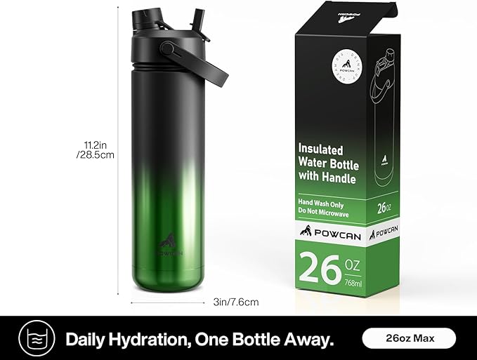 POWCAN 26 oz Insulated Water Bottle with 2-in-1 Straw and Spout Lid, Keep Cold 24H, Leak-Proof, Fits in Car Cup Holder, Stainless Steel Water Bottle for Sports, Travel, Gym, Gift, and School (Ranger)