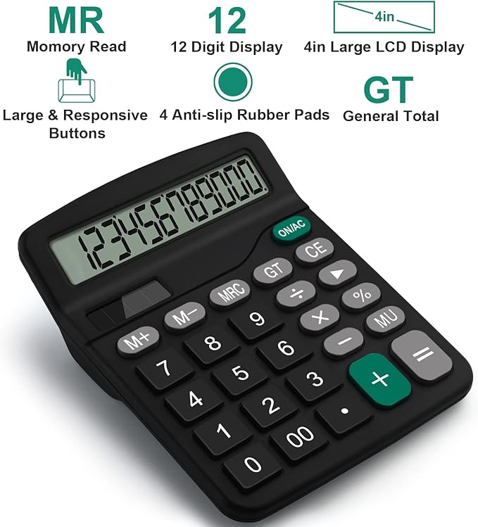Desktop Calculator, 12-Digit Solar Calculator with Extra Large LCD Display, Big Comfortable Buttons, Solar Powered, Standard Office Desk Calculator for Home, School & Business