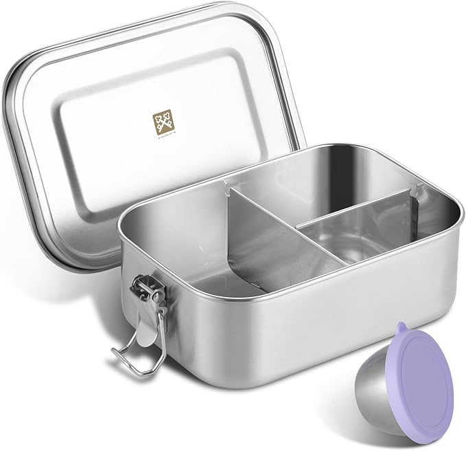 GOLDEN KEY 27oz Stainless Steel Bento Box for Kids with Leak-Proof Condiment Container and 3 Compartments, Lunch Box for Carrying Meals, Snacks, and Fruits, Freezable and Dishwasher Safe (Purple)