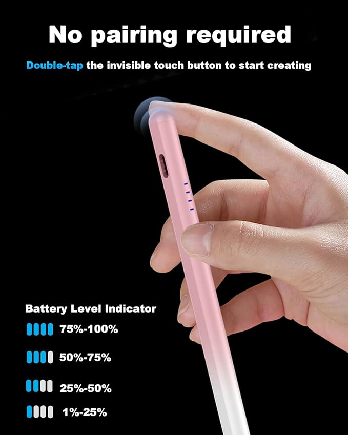 Stylus Pen for iPad 2018-2026, 2X Fast Charge Active Pencil with Palm Rejection & Tilt Sensitivity, Compatible with Apple iPad 11(A16)/10/9/8/7/6, i-Pad Pro M5/M4/12.9"/11", Air M3/M2/5/4/3, Mini 6/5