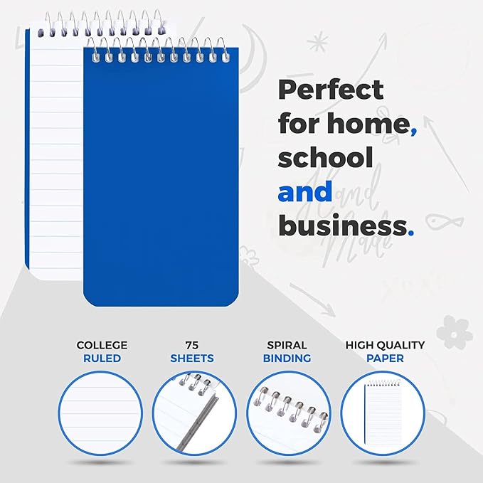 Alitte Small Notebooks, Spiral Notepads 3x5 - (Bulk Pack of 50) Pocket Notebook, Memo Pads For Home, Office, College, School - Lined College Ruled Paper - 5 Colored Notebooks, 75 Sheets Per Notebook
