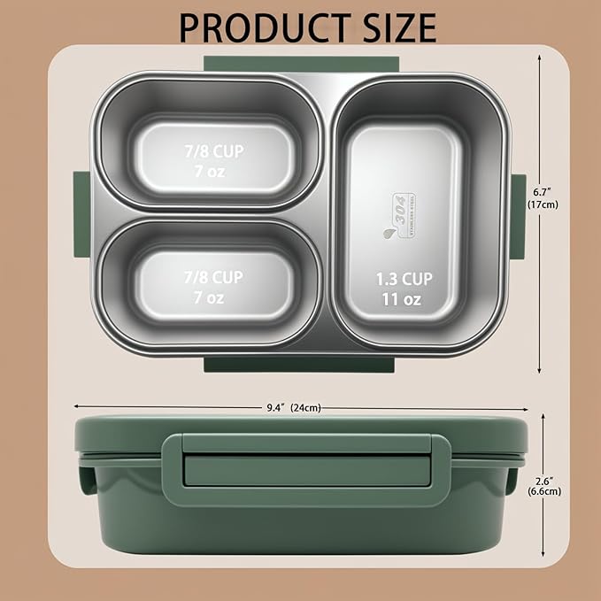 18/8 Stainless Steel Lunch Box & Bento Box for Kids & Adults - 25oz- with Leakproof Condiment Container - 3 Compartmentcute with Dinosaur Cartoon Pattern for School, Office & Outdoor -Dishwasher Safe