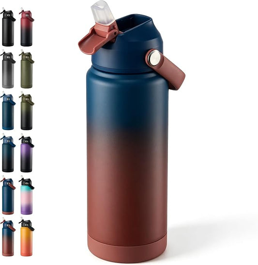 Fijinhom 24 oz Insulated Water Bottle with Straw Lid, Stainless Steel Water Bottles, Double Wall Vacuum, Portable Handle & Non-slip Bottom, BPA Free Leak Proof Metal Bottles, Keep Cold 24H, Blue/Red