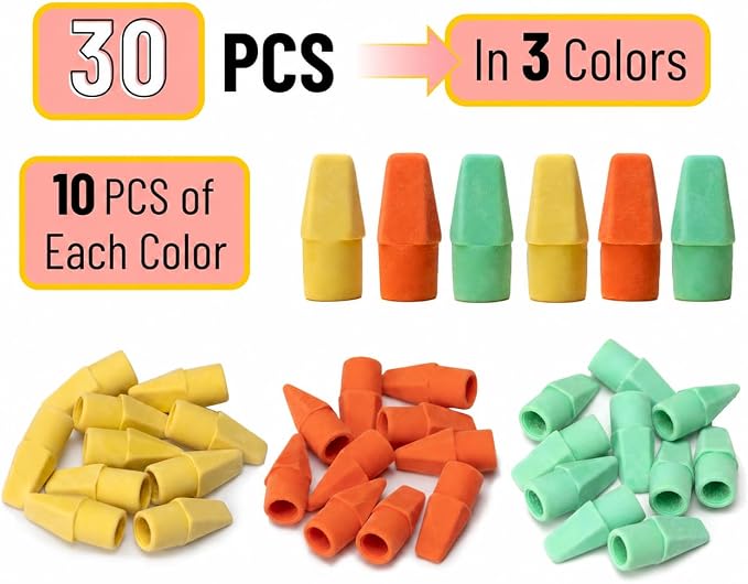 Mr. Pen- Pencil Erasers Toppers, 30 Pack, Colorful
