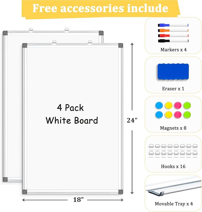 4 Pack Double-Sided Magnetic Whiteboard, 24" x 18" Dry Erase Board, Aluminum Frame White Board for Wall, Hanging Mounting White Board Dry Erase Marker Board for Office, School, Home