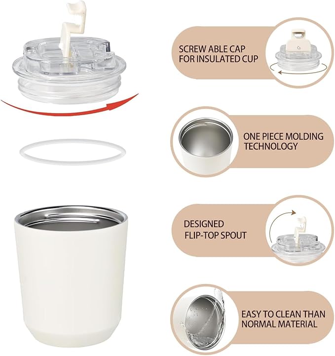 DEQIANG Travel Coffee Cup, Coffee Cup Travel with Lid, Insulated Coffee Mug for Hot & Cold Beverages, Great Gift Choice for Coffee Lovers, Office Workers, Hikers & Commuters (White, 8.5 oz)