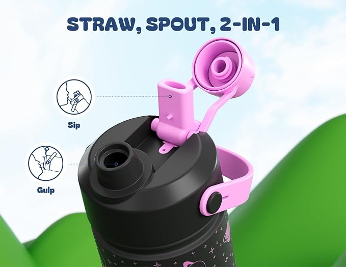 18 oz Kids Insulated Water Bottle: Glow-in-the-Dark, 2-in-1 Straw Spout Lid, Leakproof, BPA-Free, Keep Cold 24H, Stainless Steel Cup for School, Party, Travel, Holiday, Gift (Magic Glow Planet)