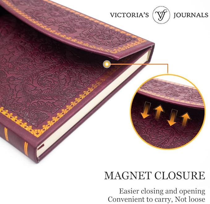 VICTORIA'S JOURNALS Magnet Journal, Carving Vintage Notebook Faux Leather Hard Cover Personal Diary Lined Pages Ribbon Bookmark, 8'' x 5.7''