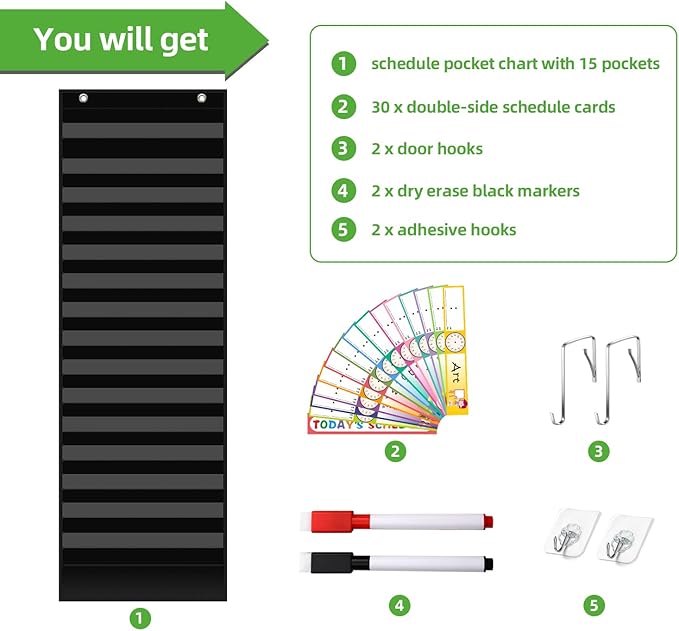 REGELETO 15+1 Pockets Daily Schedule Pocket Chart with 30 Pcs Double-Sided Reusable Cards, Scheduling Pocket Chart for Classroom Office Home School Activity(Black)