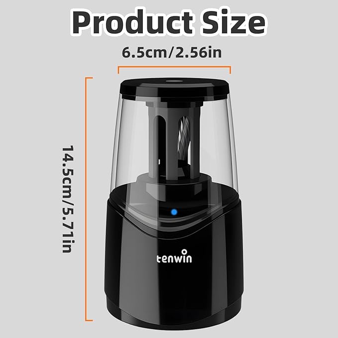 tenwin Rechargeable Pencil Sharpener for No.2 & Colored 6-8mm Pencils, Heavy Duty Electric Pencil Sharpener, Durable Helical Blade for Fast Sharpen, Home/School/Art Studio (Black)
