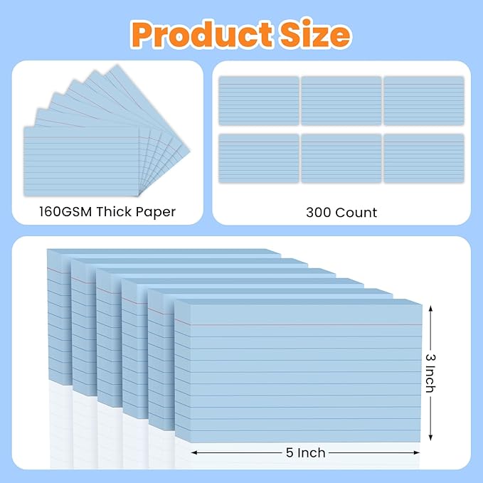 300PCS Index Cards 3 x 5 Inch, Blue Flash Cards, Lined Flashcards Notecards, Flash Cards for Studying, Ruled Front and Blank Back, Note Cards for Office, Home and School