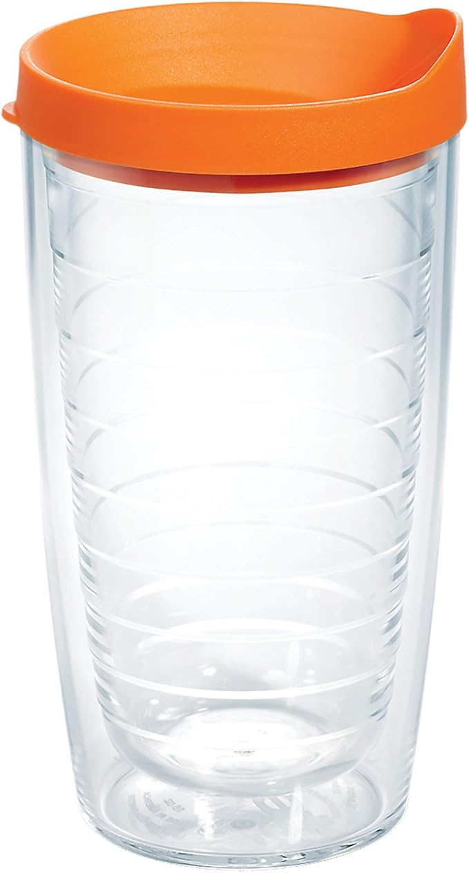 Tervis Clear & Colorful Lidded Made in USA Double Walled Insulated Tumbler Travel Cup Keeps Drinks Cold & Hot, 16oz, Orange Lid