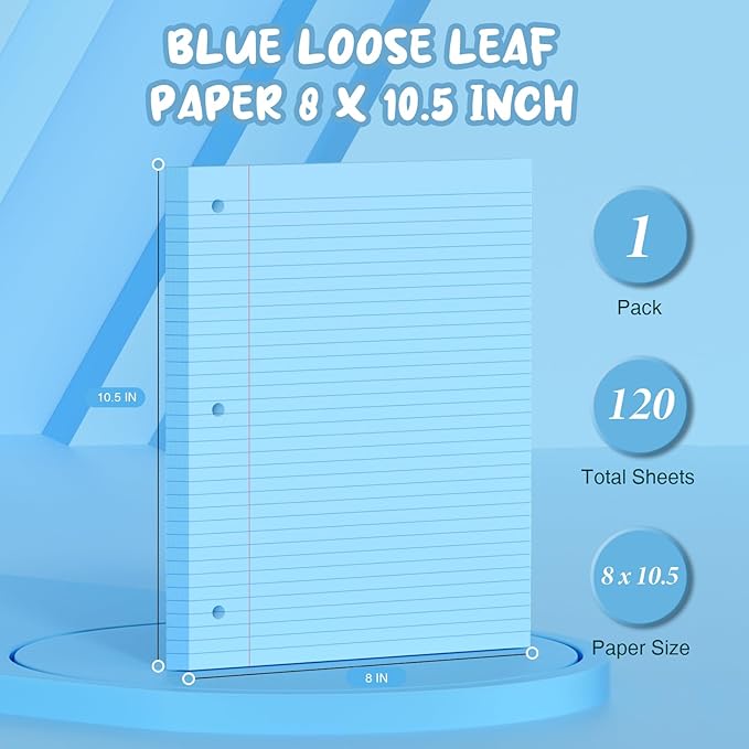 Blue Loose Leaf Paper 8 x 10.5, 120 Sheets Lined Paper College Ruled Paper, 3 Hole Punched Notebook Paper College Ruled, 3 Ring Binder Paper 8 x 10.5, Filler Paper College Ruled for Office, School