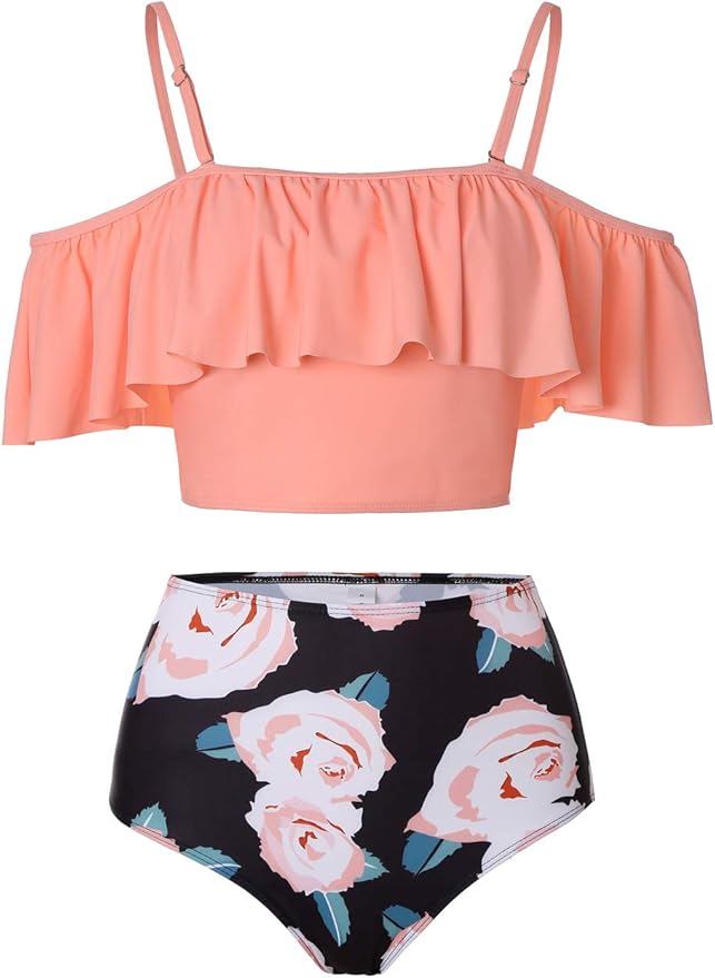 Kaei&Shi High Waisted Flounce Bikini Set,Tummy Control Swimsuits for Women,Off Shoulder