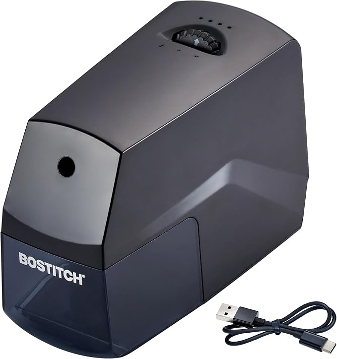 Bostitch Portable Rechargeable Battery Horizontal Pencil Sharpener Helical Blade for No.2/Colored Pencils, Black