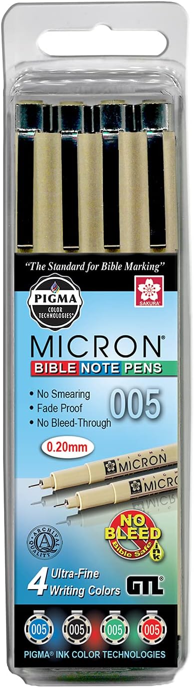 G.T. Luscombe Company, Inc. Pigma Micron 005 Ultra Fine Point Bible Note Pen Kit | No Bleed Pigmented Ink | Bible Safe | No Smearing or Fading | Black, Blue, Green, Red (Set of 4) | New Packaging |
