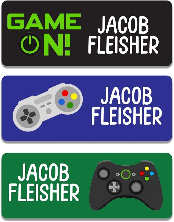 Boy Name Labels (30 Count) for Daycare, School Supplies and Camp. Waterproof DIshwasher Safe Personalized Stickers for Kids in Vide Gamer Theme