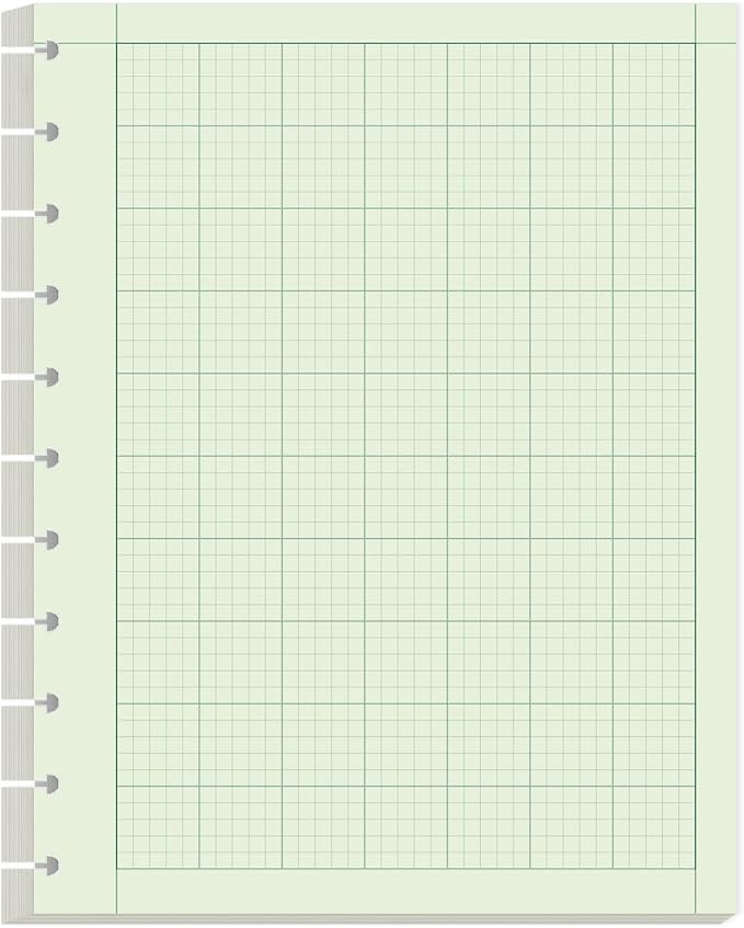 Yaridar Letter Size Discbound Engineering Paper - 50 Sheets/100 Pages Graph Paper, 11 TUL Disc 100Gsm Green Tint Paper, 5 x 5 Graph Rule on Back, 8-1/2" x 11"
