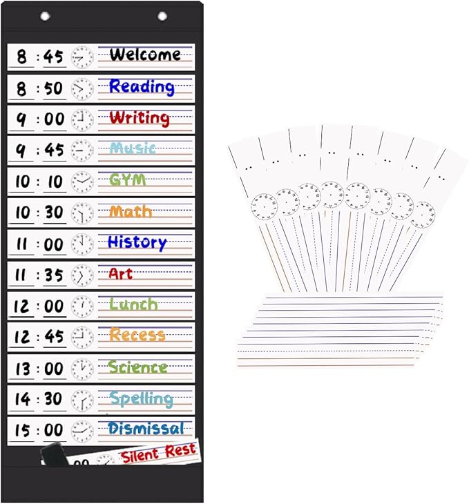 Daily Schedule Pocket Chart, 13+1 Pockets Visual Classroom Schedule Pocket Chart, 18 Double-Side Dry Erase Cards Routine Calendar for Classroom, Office, Home Teacher Supplies (Black)