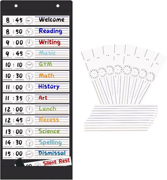 Daily Schedule Pocket Chart, 13+1 Pockets Visual Classroom Schedule Pocket Chart, 18 Double-Side Dry Erase Cards Routine Calendar for Classroom, Office, Home Teacher Supplies (Black)