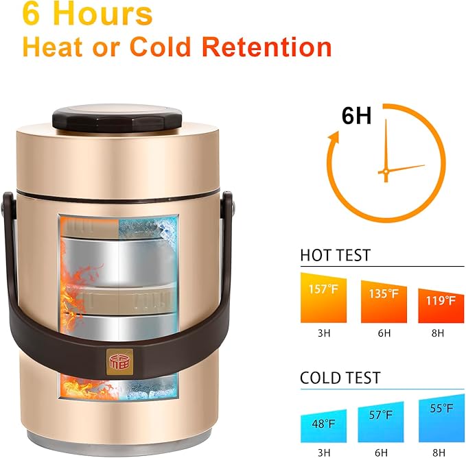 Pawovdeq 67 oz Adults Stainless Steel Vacuum Insulated Wide Mouth Soup Food Thermo Hot Food Jar with Keep Thermal Portable 3 Tier Stackable Bento Hot Food Containers Lunch Boxes (67 oz Gold)