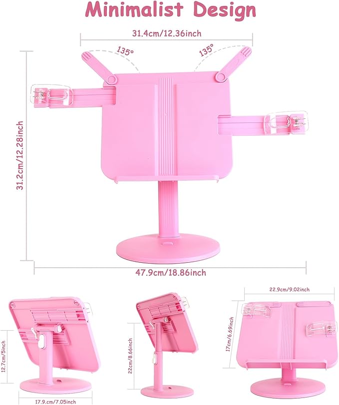 Kids Book Stand, Adjustable Reading Holder, Thick Base, Foldable Reading Stand with Elastic Page Clips, for 8.5"×11" or Smaller, Gift for Children, Pink