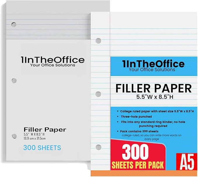 1InTheOffice College Ruled Filler Paper 5.5 x 8.5 Mini Binder Filler Paper, White, 100 Sheets/Pack