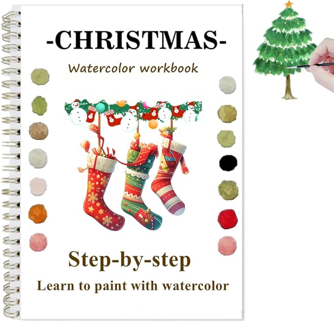 Watercolor Workbooks with Sketches, Beginner Friendly Water Coloring Book Watercolor Paint Set Art Crafts Painting Kit Gift for Adults, Any Level Artist (Christmas, Without Paint Set)