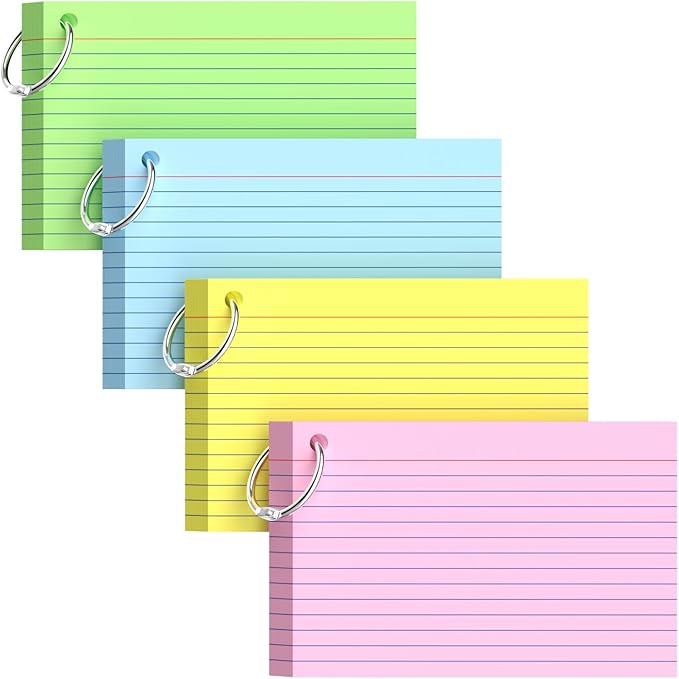 160-Pack Colored Index Cards 4x6 Inch w/Key Ring – 180gsm Heavyweight Flashcards – 4 Vibrant Colors Flash Cards (Pink Blue Green Yellow) Perfect for Study, Notes & Memory, Students School Supplies